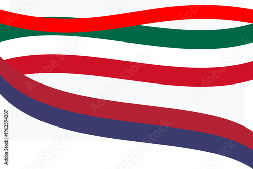 Hand-drawn Abstract illustration of colorful wavy ribbons in red green white and blue on a light background. authentic illustration