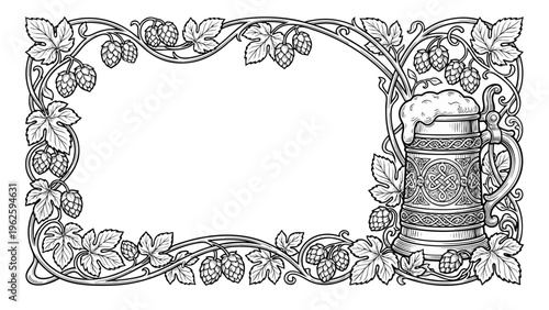 Vintage beer label frame with ornate hop vines and traditional mug, detailed engraved style illustration, perfect for brewery branding, packaging, and craft beer labels.