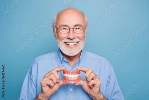 Smiling Senior Man with a Beard Holding a Denture Model