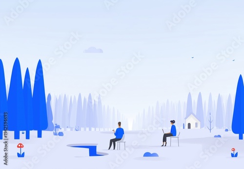 Two individuals work separately yet connected in a minimalist blue forest, symbolizing remote collaboration and focus