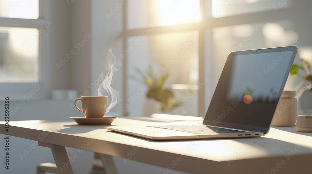 Fototapeta premium Cozy Workspace with Laptop and Coffee Cup in Warm Morning Sunlight