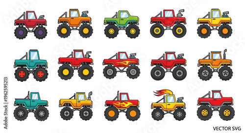 Collection of Colorful Monster Trucks - Vector Illustrations