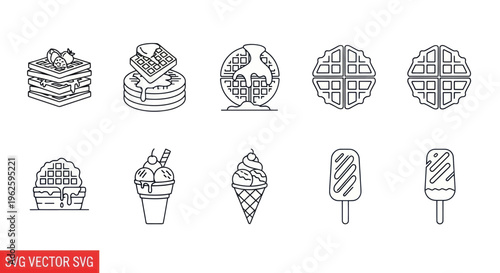 Dessert Icons: Waffles, Pancakes, Ice Cream, Sweet Treats Vector Set