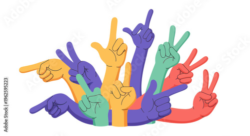 Diverse Hands Showing Victory and Pointing Gestures in Vibrant Colors