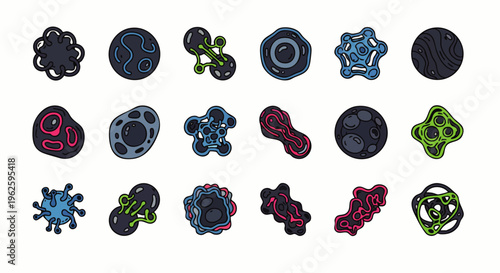 Collection of colorful cartoon viruses and bacteria icons, representing science, health, and microscopic organisms