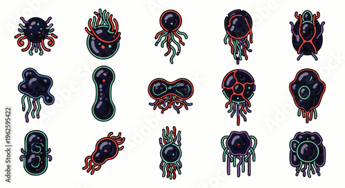 Pixel art collection of dark, mysterious alien microorganisms and virus sprites for retro 8-bit video games or science fiction themes.