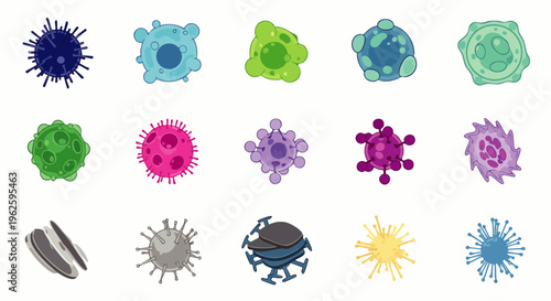 Set of diverse cartoon viruses, bacteria, and microorganisms. Colorful microscopic pathogens, germs, and cells for medical, science, and health concepts.