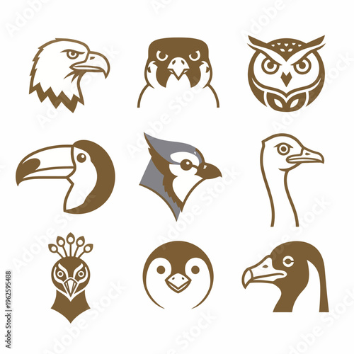 Brown bird head icons on white.