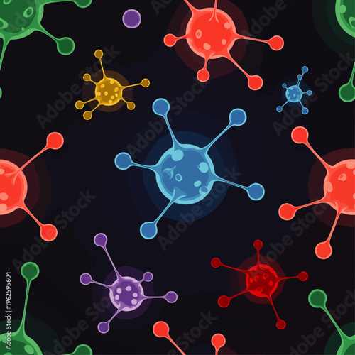 Seamless pattern of colorful cartoon viruses and bacteria on a dark background, representing infectious diseases and microbiology