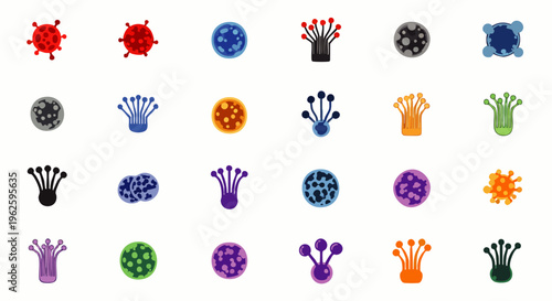 Collection of colorful virus icons and symbols representing science, biology, and disease in a flat design style.