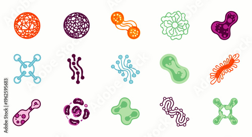 Collection of colorful abstract stylized microorganisms, bacteria, viruses, and cells icons on white background
