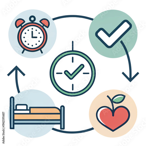 A circular diagram depicting healthy daily routines including waking up early, eating nutritious food, completing tasks, and sleeping well tonight Vector, illustration