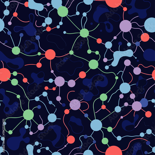 Abstract colorful network of neurons or molecules on a dark blue background, seamless pattern