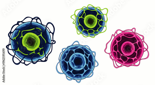 Abstract colorful virus or bacteria cells with nucleus and outer membrane, microscopic view, scientific illustration