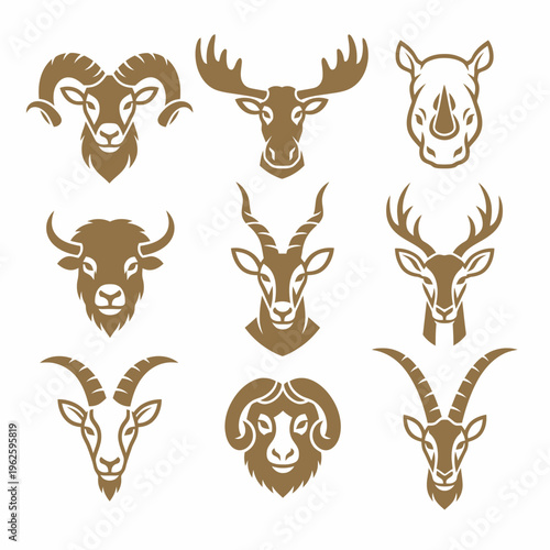 Various animal heads with horns and antlers.
