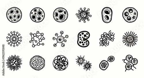 Hand-drawn set of diverse microorganism icons, including bacteria, viruses, and cells, representing biological and scientific concepts.