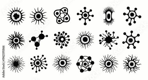 Set of diverse black and white microorganism icons. Collection of stylized bacteria, virus, and cell symbols for biology, medicine, and health concepts.
