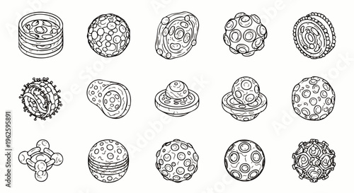 Detailed collection of hand-drawn microscopic organisms, cells, viruses, and molecular structures. Scientific biology doodle icons for research and education.