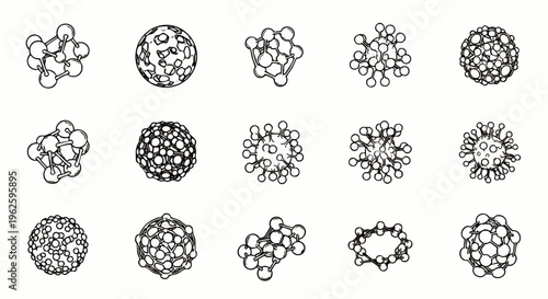 Abstract Molecular Structures Vector Icons Set. Collection of Geometric Atomic Models, Particle Clusters, and Scientific Network Shapes for Design.