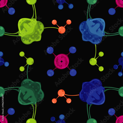 Seamless pattern of colorful cartoon molecules and atoms on a black background, representing science and chemistry