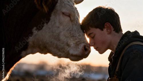 Jovem encostando a cabeca em vaca conexao com animais amor empatia natureza rural sensibilidade