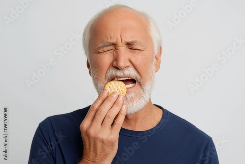 Senior Man with Tooth Pain from Biting a Hard Cracker
