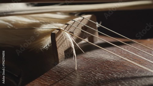 Close-up of a violin bridge and strings with a white feather accent, dark moody lighting, conveying classical music, performance, and artistry