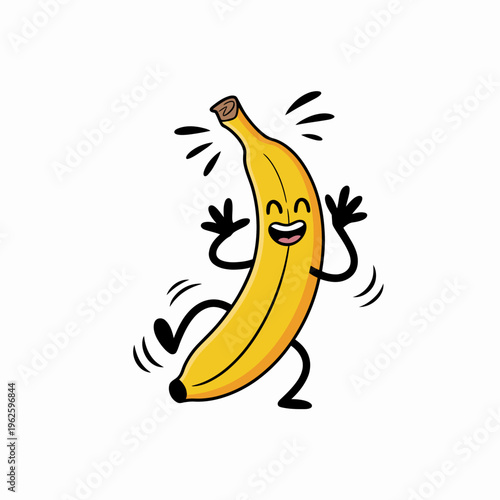 A cheerful banana character is depicted with a wide smile. Its cartoonish form suggests a playful and lighthearted mood.