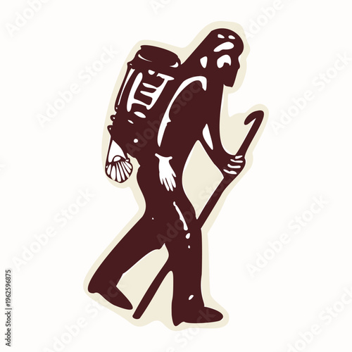 Single pilgrim man figure with backpack, pilgrims shell and walking stick hiker. Hand drawn isolated black and white vector motif for European camino pilgrimage in Spain or Canterbury way