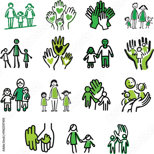 Heartwarming vector graphic illustration set showcasing diverse family connections, parental care, children's joy, and community support in a clean, inspiring design.