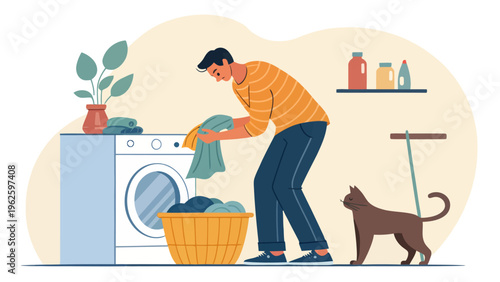 A man doing laundry with his cat in a cozy laundry room