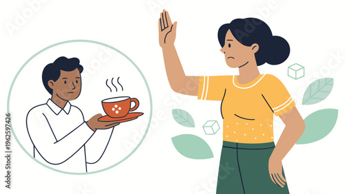 A cartoon illustration of a woman declining a cup of coffee from a man