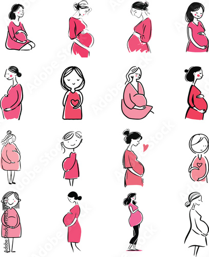 Diverse vector graphic illustration set portraying pregnant women in various stages and poses, capturing the journey of motherhood with a charming minimal design.
