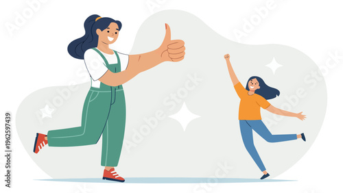 Two happy women celebrating success with a thumbs up and joyful jump in a playful illustration