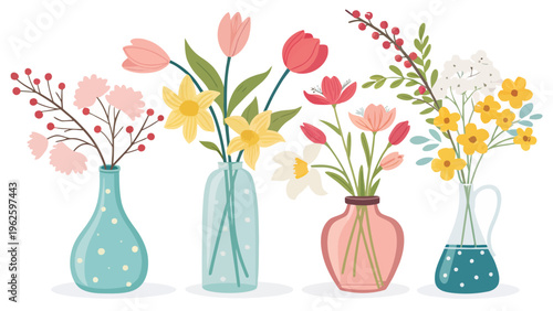 A colorful illustration of five vases filled with vibrant flowers on a white background