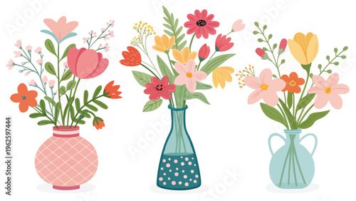 Three colorful vases filled with vibrant flowers on a white background