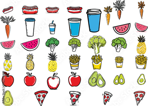 Eclectic collection of hand-drawn vector graphic food and drink illustrations, blending healthy fruits, vegetables, and fast food choices for design projects.