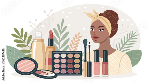 A cartoon woman surrounded by various makeup products and cosmetics in a serene setting