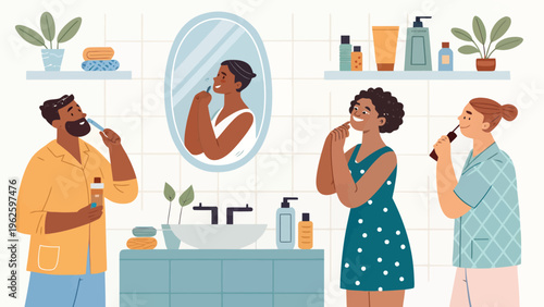 A diverse group of people engaging in morning beauty and hygiene routines in a modern bathroom