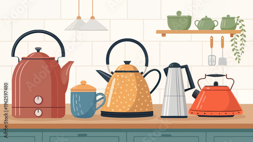 A colorful illustration of various electric kettles and tea cups on a kitchen counter