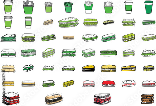 A vibrant vector illustration showcasing an expansive collection of diverse sandwiches, subs, french fries, and coffee cups, perfect for restaurant menus or snack bar designs.