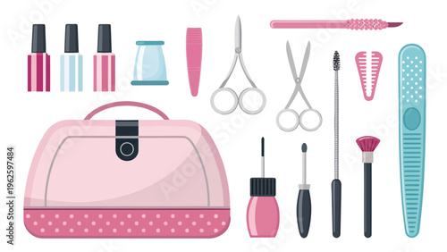 A collection of various nail care tools and accessories arranged neatly on a white background