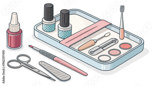 A collection of nail care tools and cosmetics on a tray