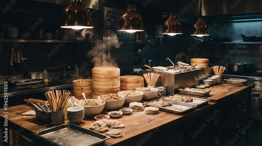 Fototapeta premium Industrial kitchen dumpling preparation station with steaming bamboo steamers, bowls of filling ingredients, dumplings on trays, chopsticks, sauce dishes, and overhead copper lights on wooden table