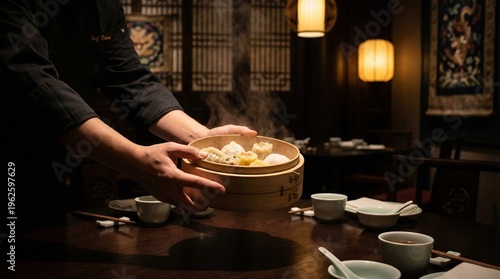 Steaming bamboo basket of assorted dim sum held by hands over wooden table in dimly lit restaurant with traditional Asian decor