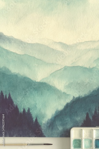 Watercolor mountain landscape with layered hills and soft mist tones with paint palette and brush on workspace