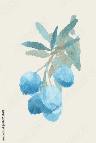 Watercolor olive branch with blue olives and leaves on soft neutral background minimal botanical illustration