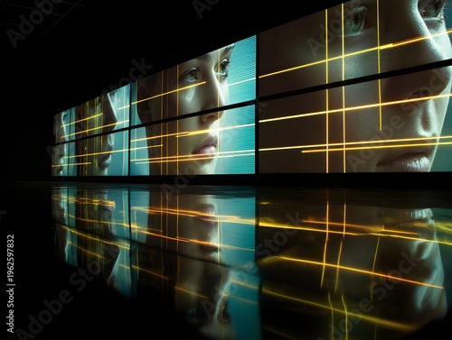 A captivating futuristic display featuring abstract facial projections, showcasing the intersection of art and technology in a visually striking modern environment.