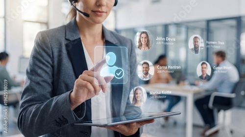 Businesswoman in office interacting with virtual interface on tablet digital connections and networking concept