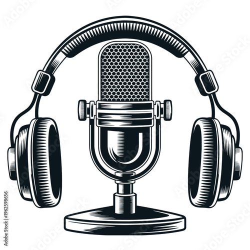 A monochrome illustration showcasing a vintage microphone surrounded by classic headphones.